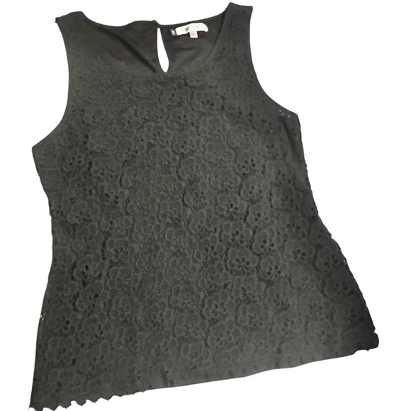 Jennifer Lopez black cotton crocheted flower tank lined keyhole button back sz L - Picture 1 of 10